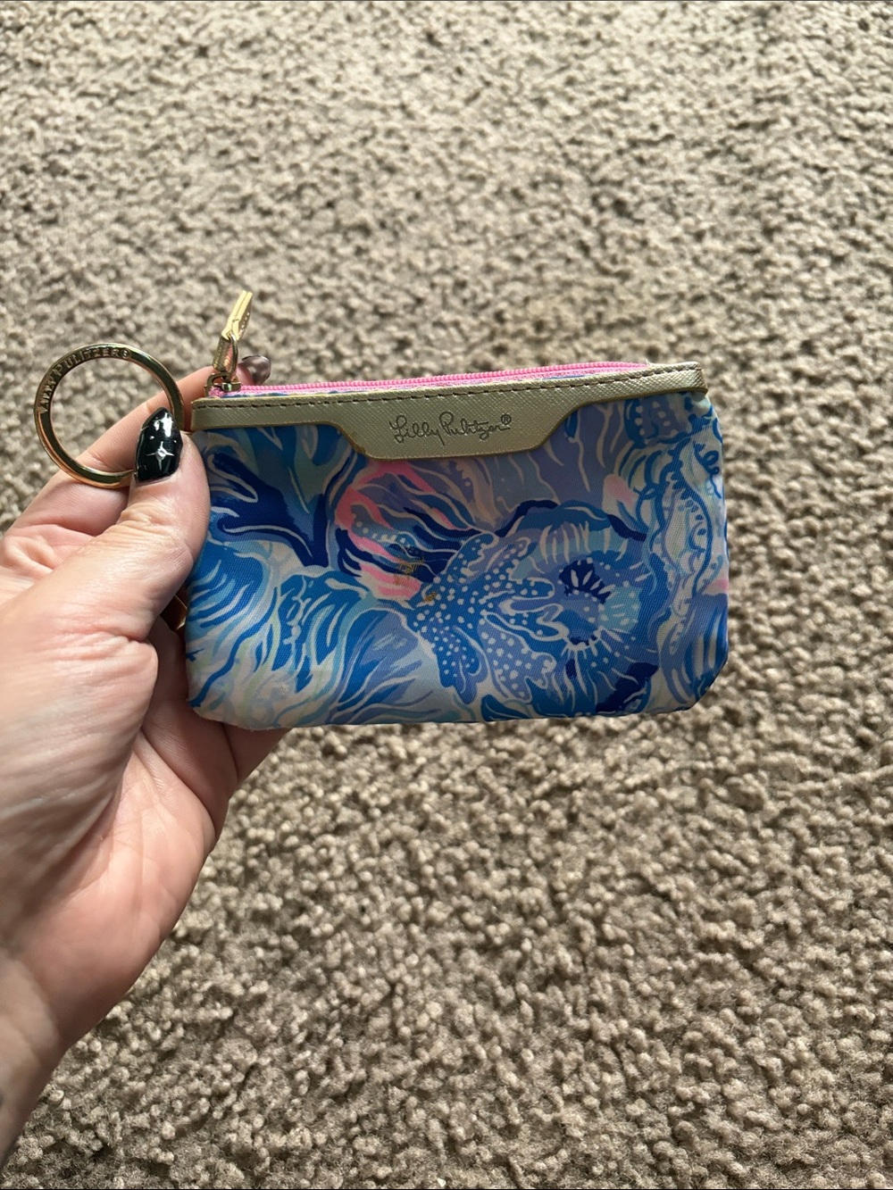 B31 Lilly Pulitzer Blue Floral Key Ring Pouch with Pink Zip